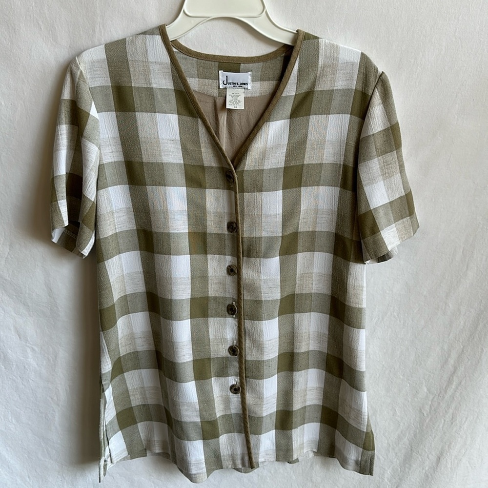 Justin B. Jones New York celery green and white Buffalo plaid jacket, size 10